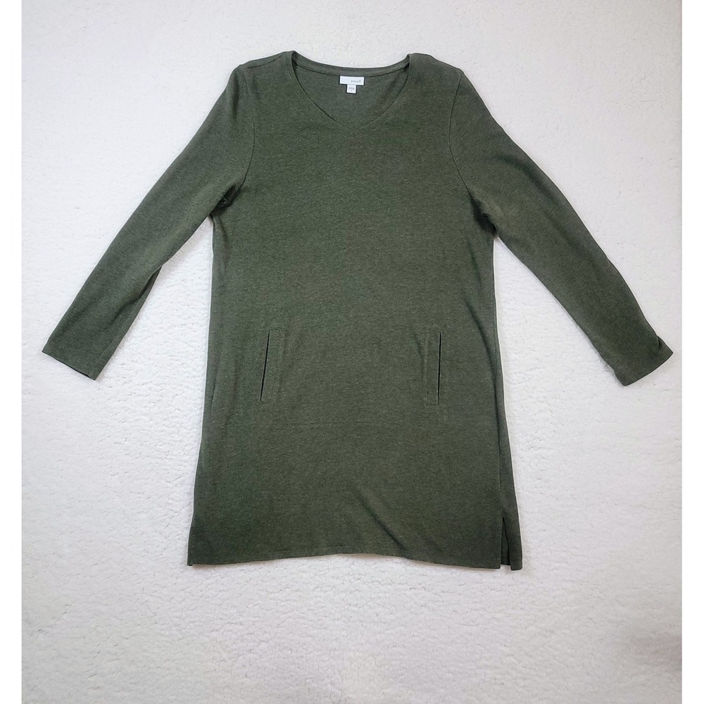 Pure Jill Tunic Dress Womens Large Green Cotton V-Neck Long Sleeve Pockets